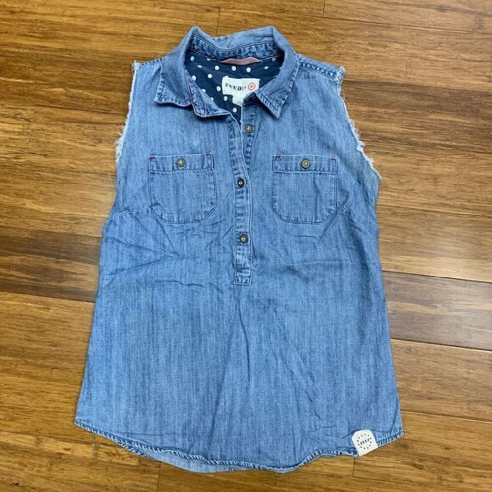 Feed‎ + Target Top Womens XS Blue Sleeveless Chambray Denim Shirt Henley Button